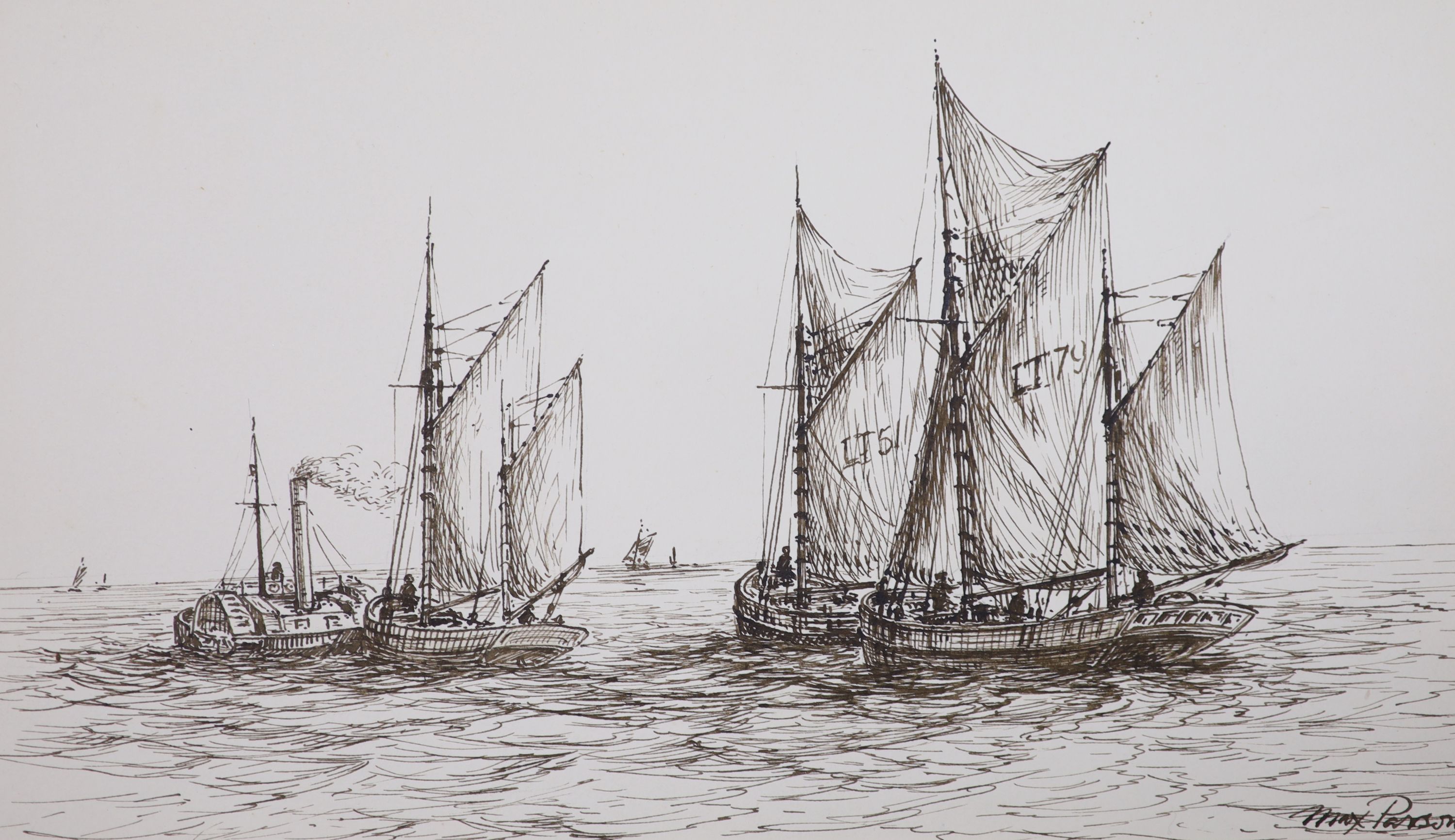 Max Parsons A.R.C.A. (1915-1998), a group of five watercolour drawings of sailing clippers and other vessels at sea, some signed, one dated 1982, unframed, 37 x 28cm (largest)